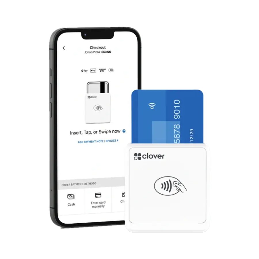 Mobile card reader paired with a smartphone checkout screen
