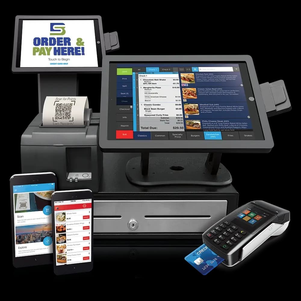 Point of sale system with customer-facing kiosk, tablet, cash drawer and card terminal