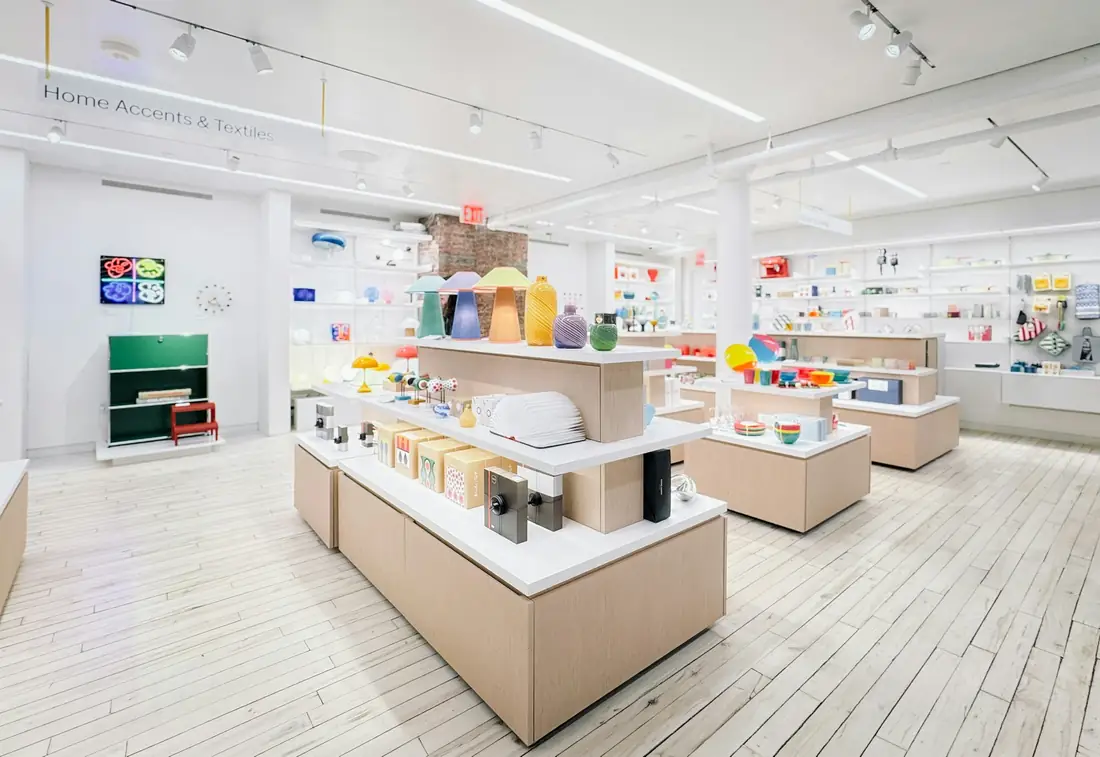 Bright retail store interior with product display tables